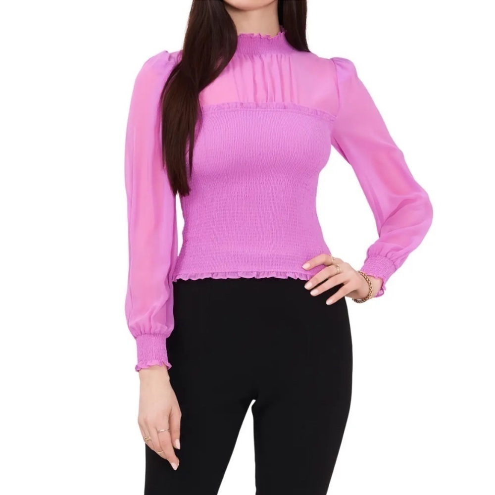 1. STATE Purple Top Size Large Like New Smocked Bodice Sheer Sleeves